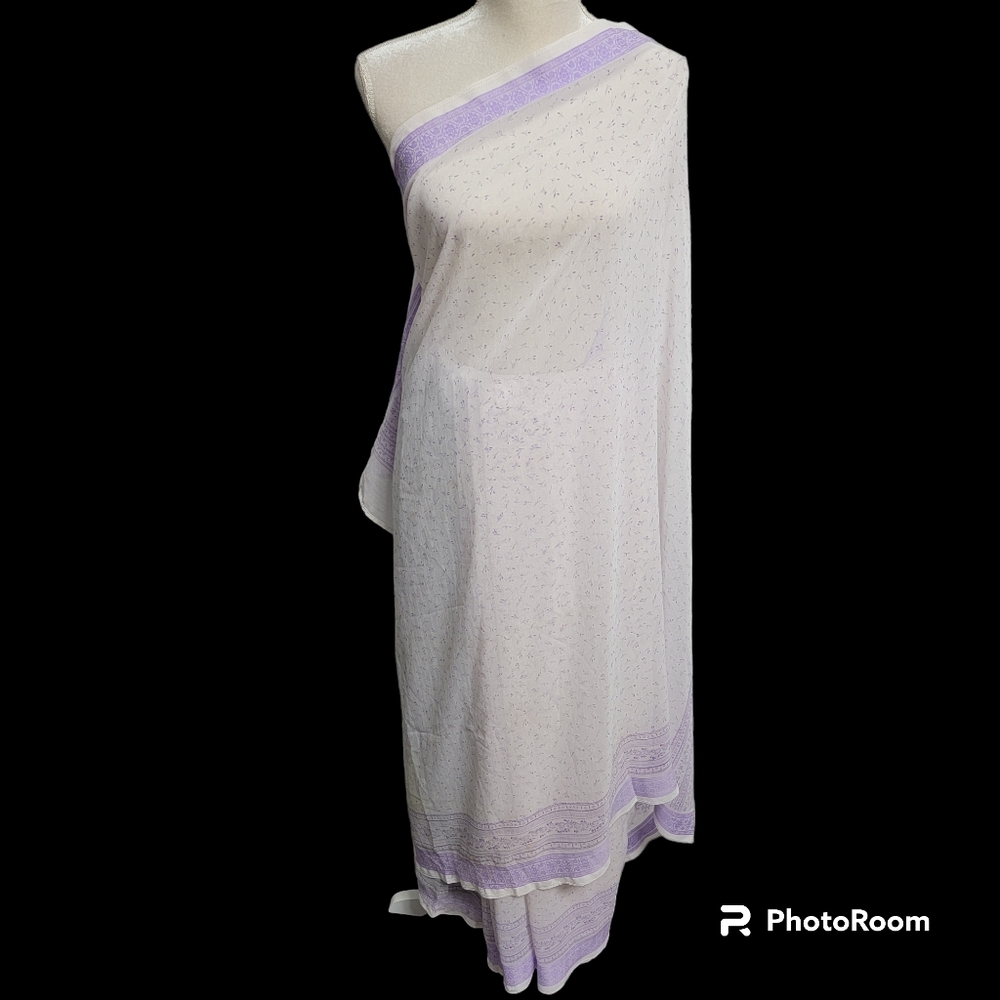 Purple and white polyester saree/sari with purple flowers